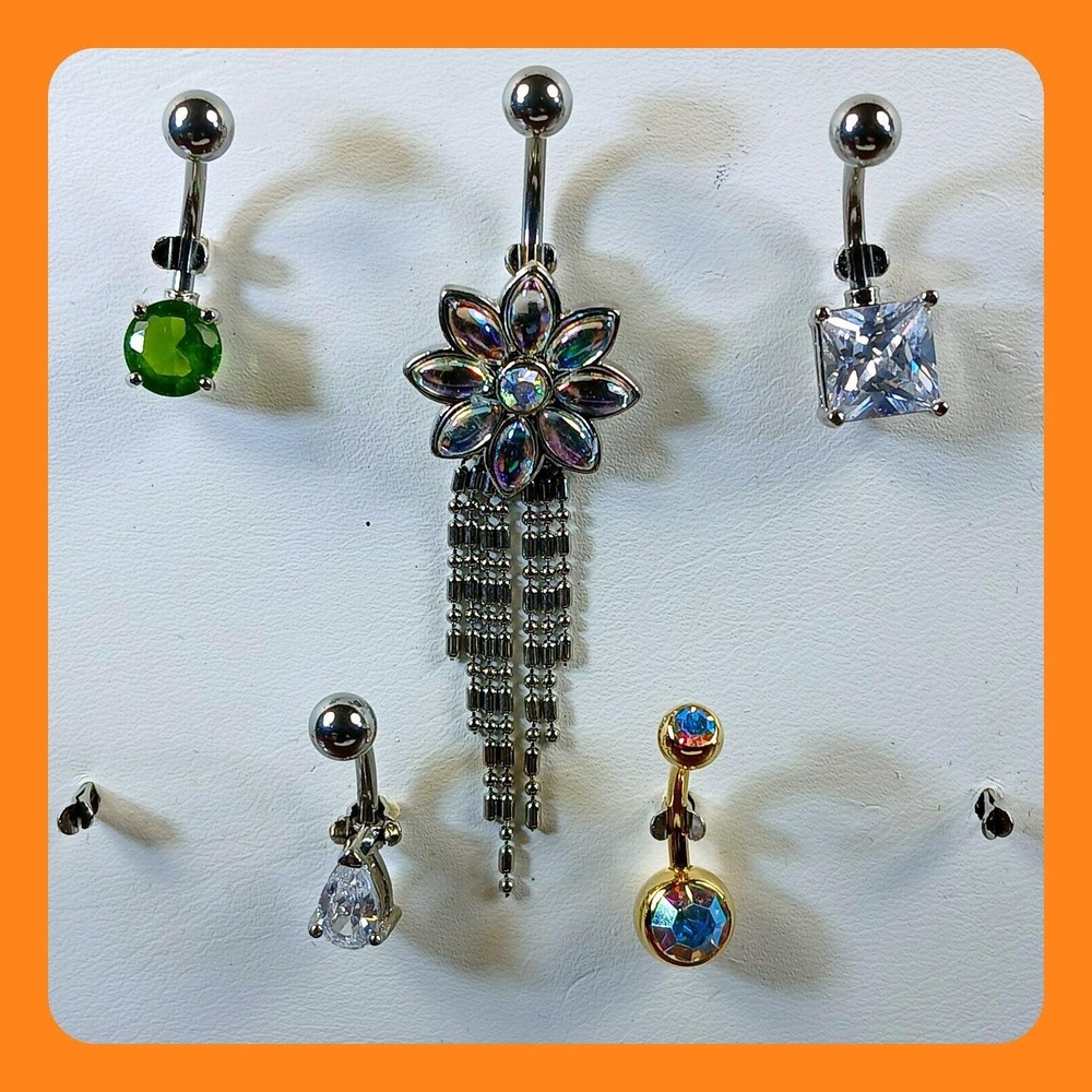 Vintage 1990s 316L Surgical Steel 14G Belly Button Ring Lot 5pc Flower Tassel CZ